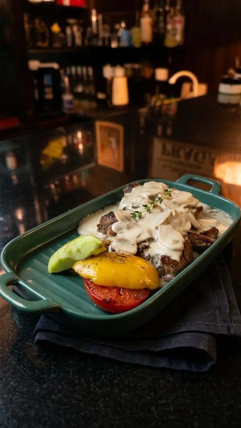 Стейк под грибным соусом \ Strip loin Steak with mushroom sauce